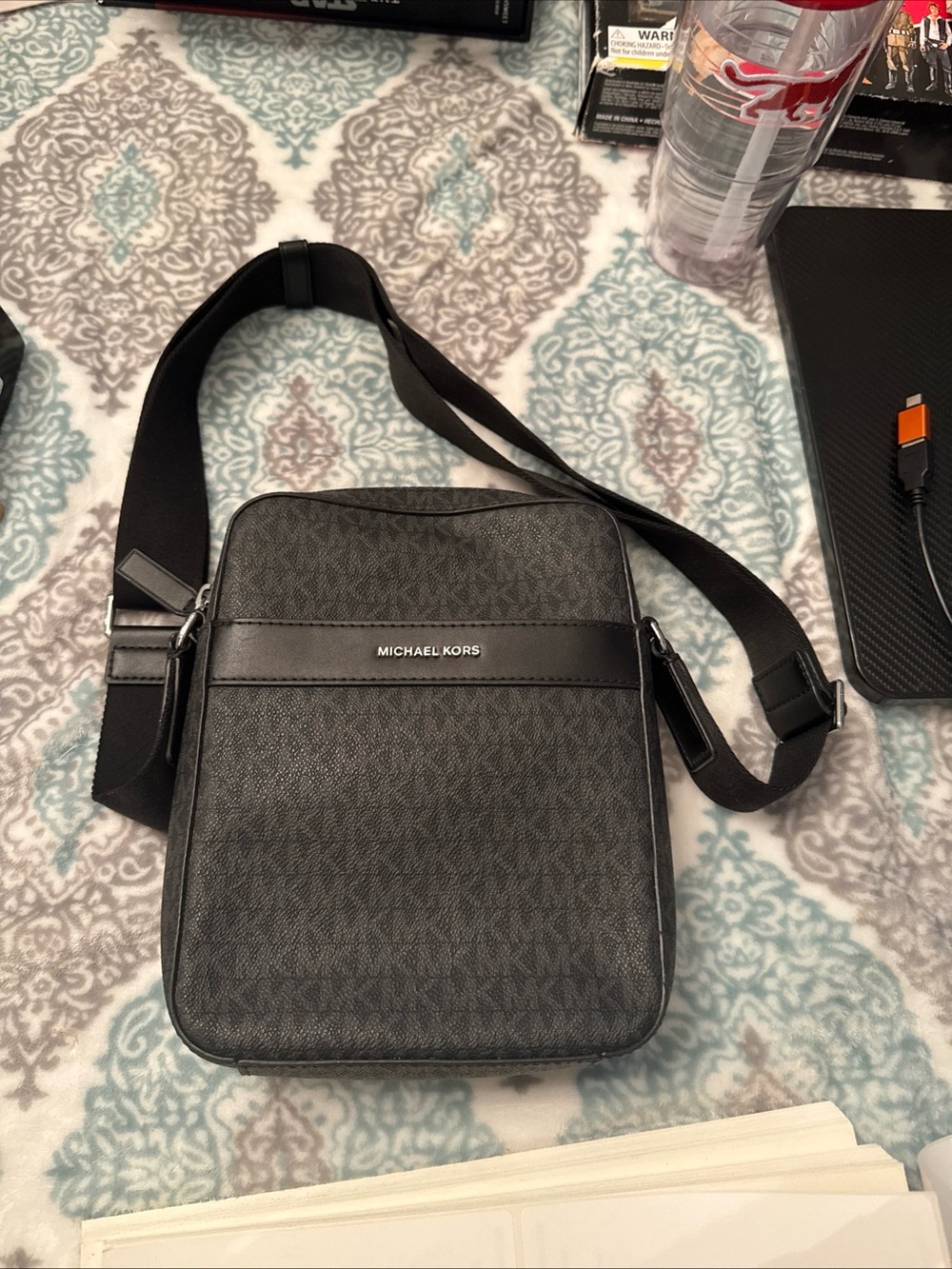 Michael Kors Men’s Black and Gray Monogram Messenger Bag
